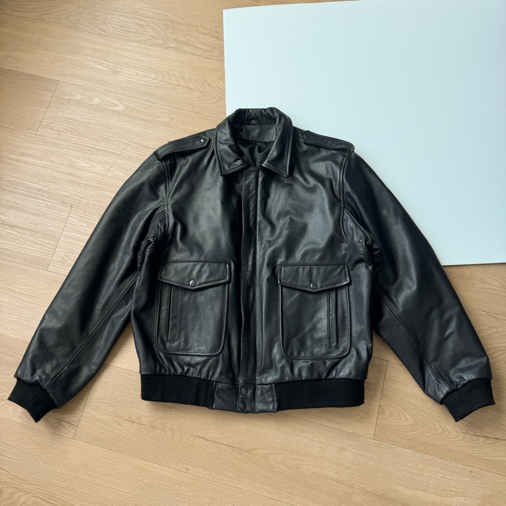 Vintage Black Leather Bomber Jacket Flight A-2 Style Military Coat Size 42/L